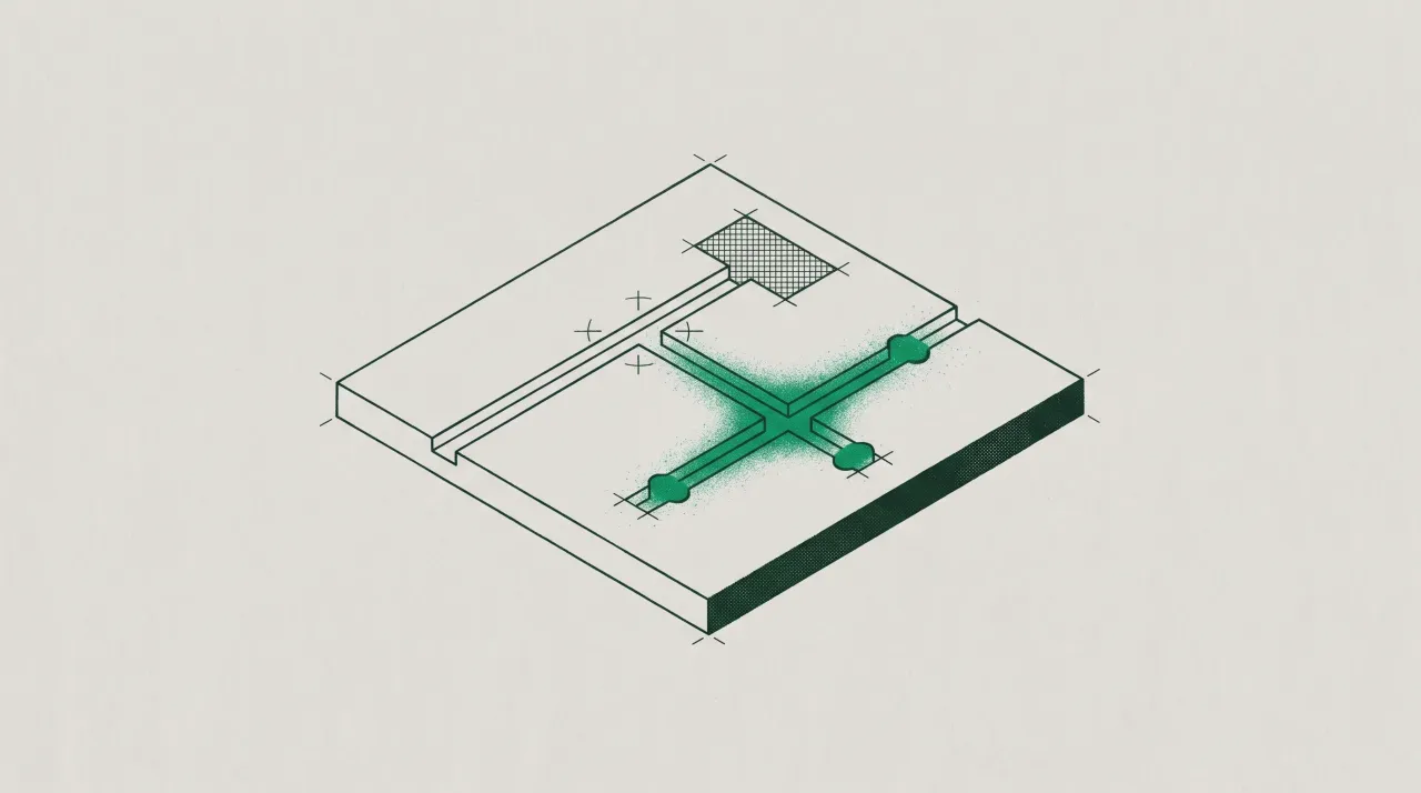 Isometric diagram of a channel junction, the straight path capped with hatching and traffic diverted along a green branch.