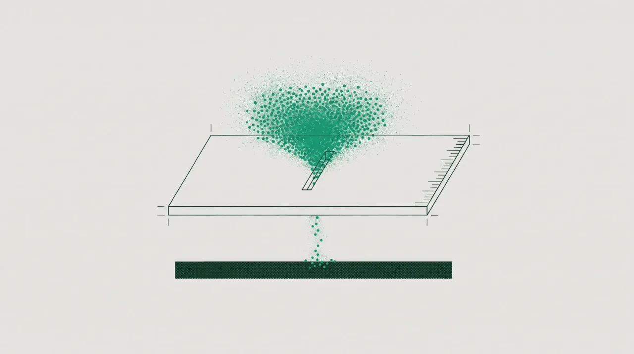 Isometric diagram of a restrictor plate with a narrow slot, a dense crowd of particles pressing above it and a thin trickle passing through below.