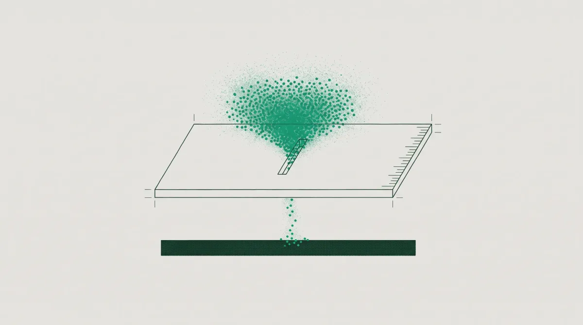 Isometric diagram of a restrictor plate with a narrow slot, a dense crowd of particles pressing above it and a thin trickle passing through below.