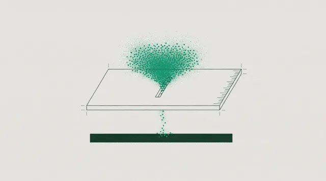 Isometric diagram of a restrictor plate with a narrow slot, a dense crowd of particles pressing above it and a thin trickle passing through below.