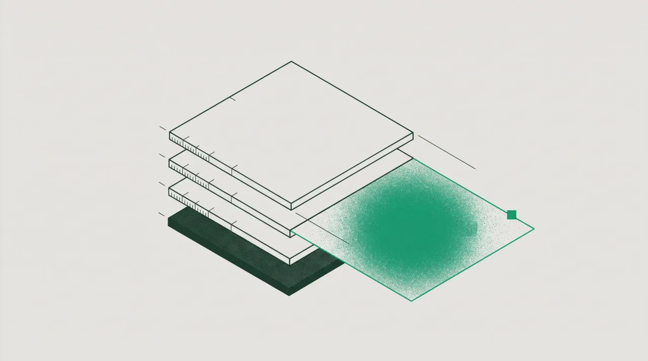 Isometric exploded view of five stacked plates with a single green layer drawn pulled clear of the stack.