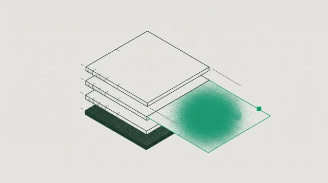 Isometric exploded view of five stacked plates with a single green layer drawn pulled clear of the stack.