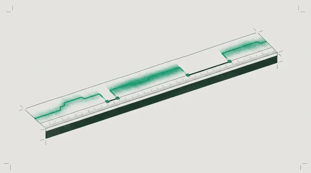 Isometric ruled scale carrying a green signal trace that breaks into clean gaps where the signal drops out.