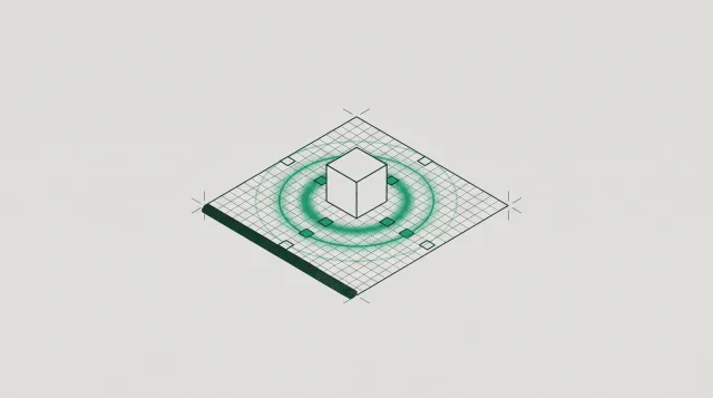Isometric grid with concentric green arcs spreading outward from a central cube, reaching some nodes while others stay hollow outlines.