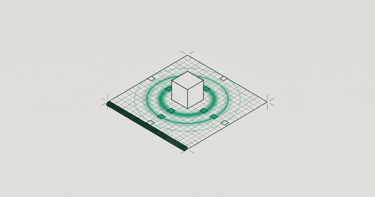 Isometric grid with concentric green arcs spreading outward from a central cube, reaching some nodes while others stay hollow outlines.