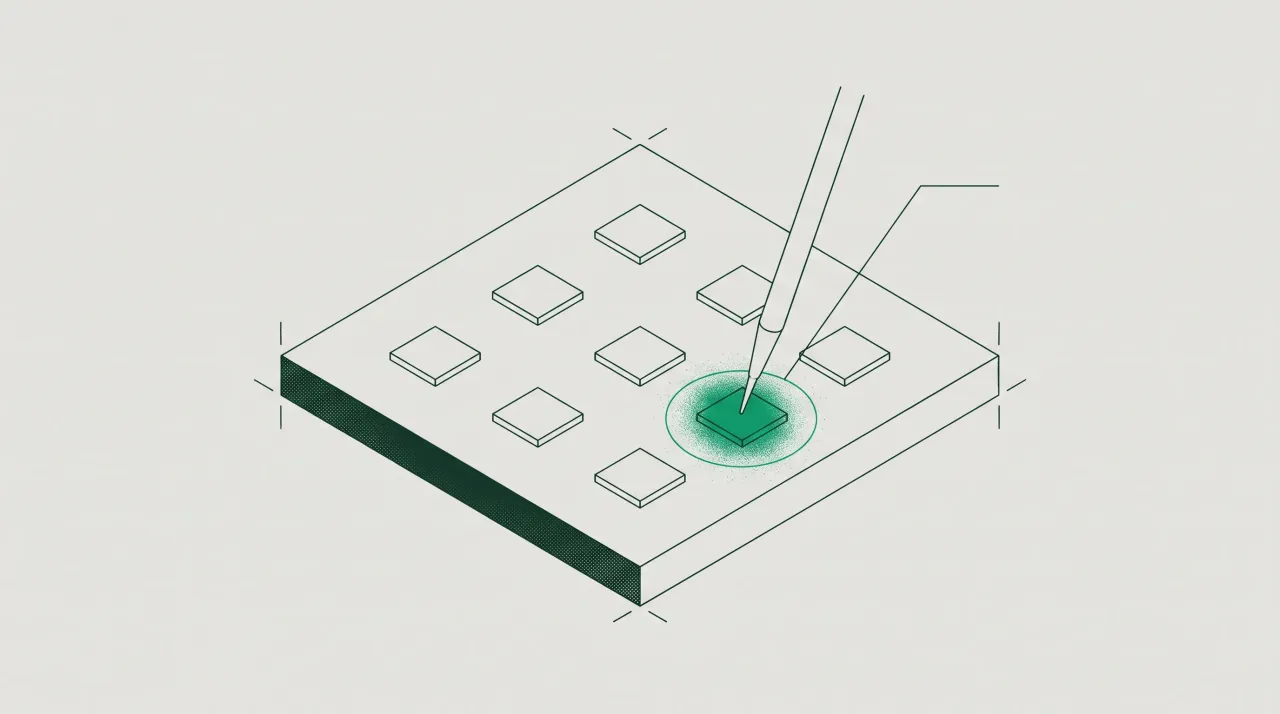 Isometric plate of nine identical square nodes with a fine probe resting on the single node filled green and ringed.