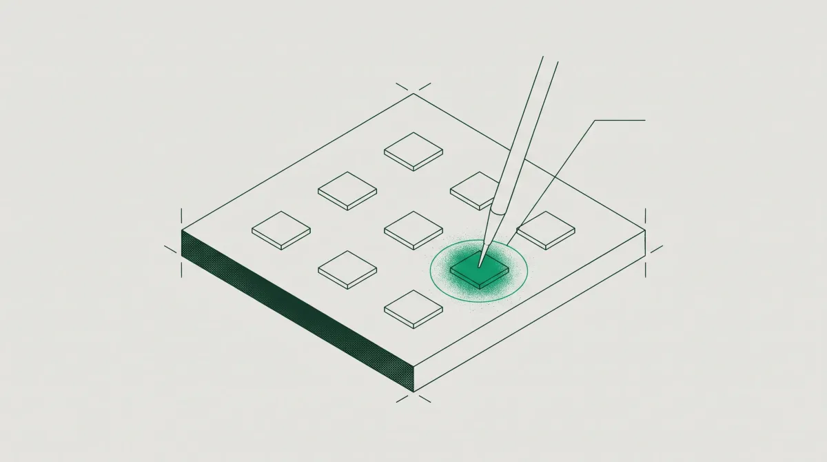 Isometric plate of nine identical square nodes with a fine probe resting on the single node filled green and ringed.