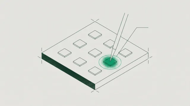 Isometric plate of nine identical square nodes with a fine probe resting on the single node filled green and ringed.