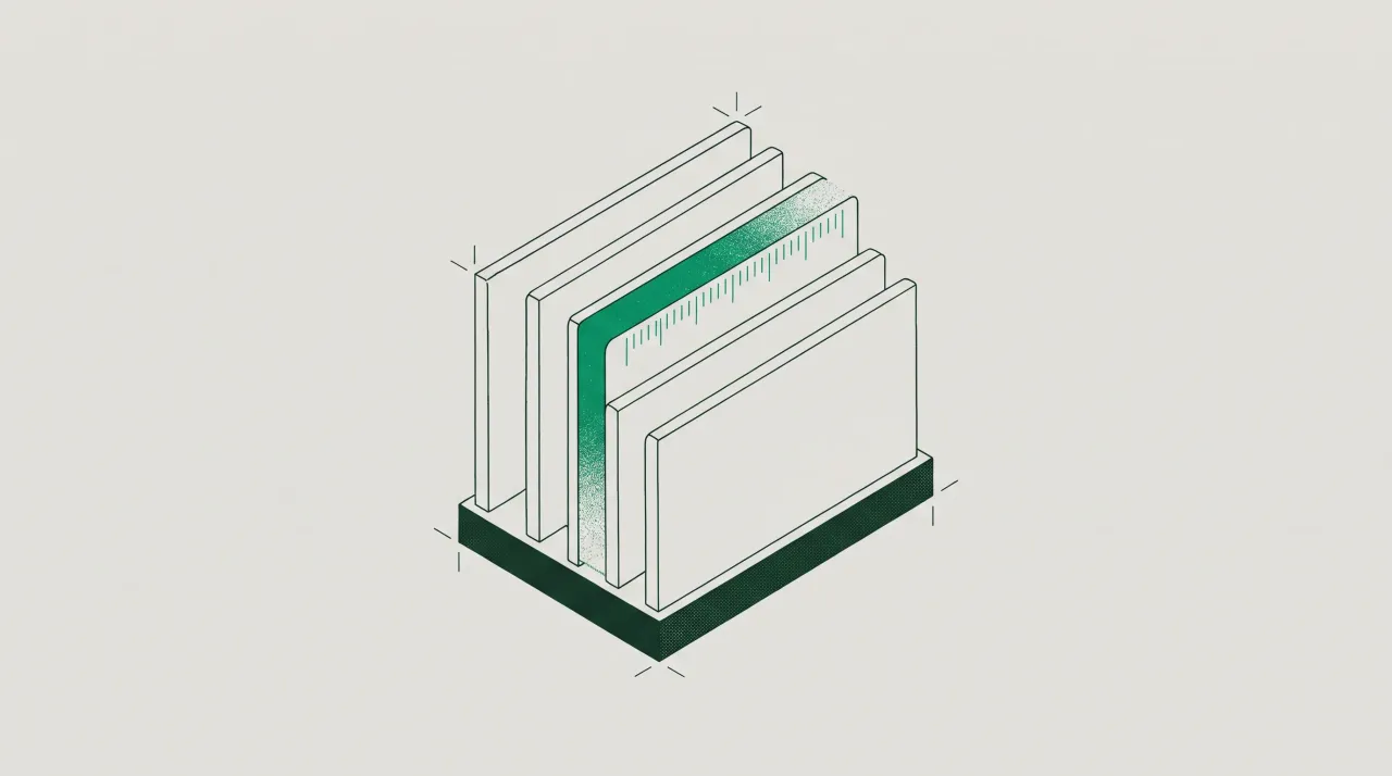 Isometric rack of five slots with one card seated in the middle, its exposed edge banded green and marked with index ticks.