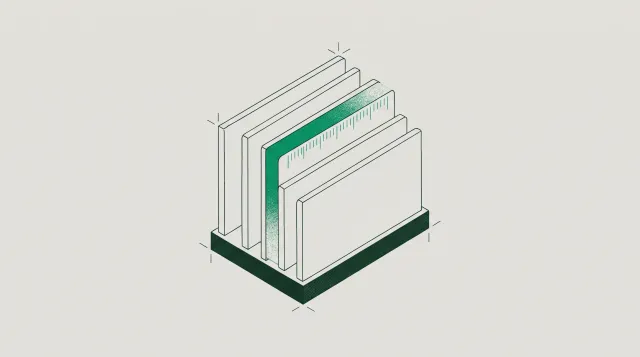 Isometric rack of five slots with one card seated in the middle, its exposed edge banded green and marked with index ticks.