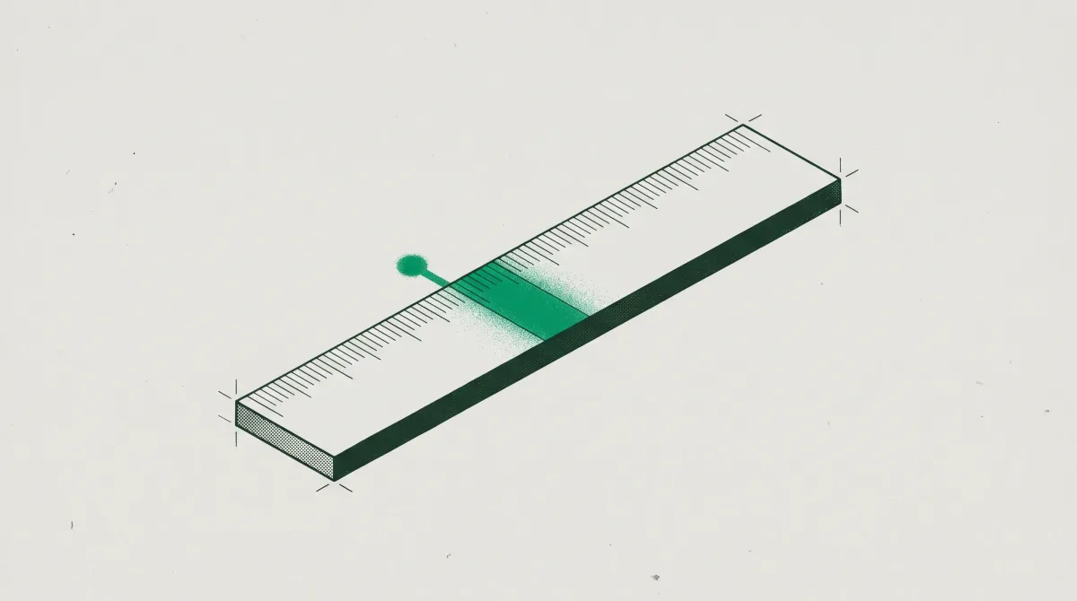 Isometric calibration rule with graduated ticks, one narrow band filled green and a pointer resting against its edge.