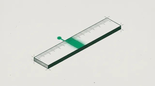 Isometric calibration rule with graduated ticks, one narrow band filled green and a pointer resting against its edge.