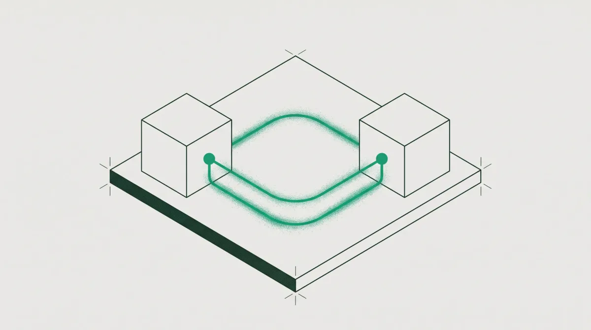 Isometric diagram of two cubes joined by a green trace that travels out and returns along a second path, forming a closed round-trip loop.