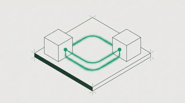 Isometric diagram of two cubes joined by a green trace that travels out and returns along a second path, forming a closed round-trip loop.