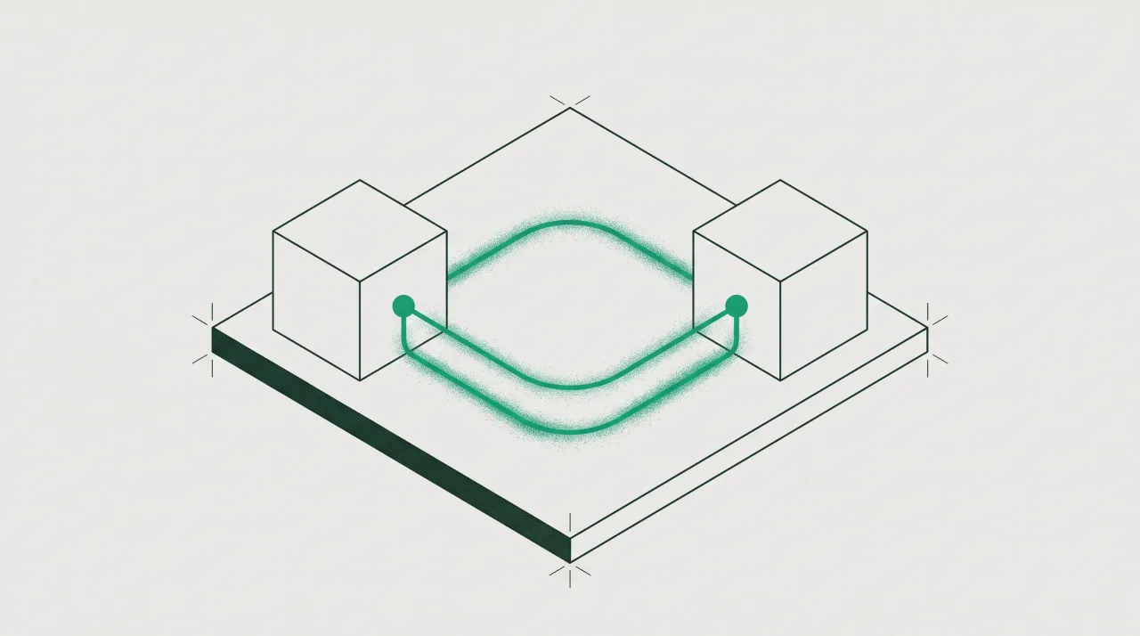 Isometric diagram of two cubes joined by a green trace that travels out and returns along a second path, forming a closed round-trip loop.