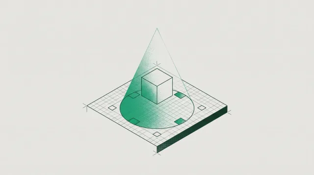 Isometric diagram of a translucent green cone falling across a grid, lighting a bounded footprint in which four nodes are filled green.