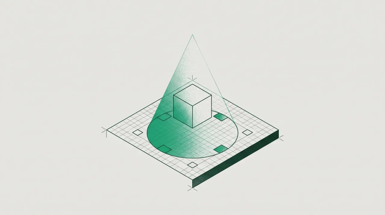Isometric diagram of a translucent green cone falling across a grid, lighting a bounded footprint in which four nodes are filled green.