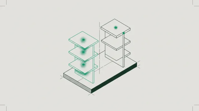 Isometric diagram of two three-tier assemblies side by side on one shared base, the left outlined in green and the right in plain hairline.
