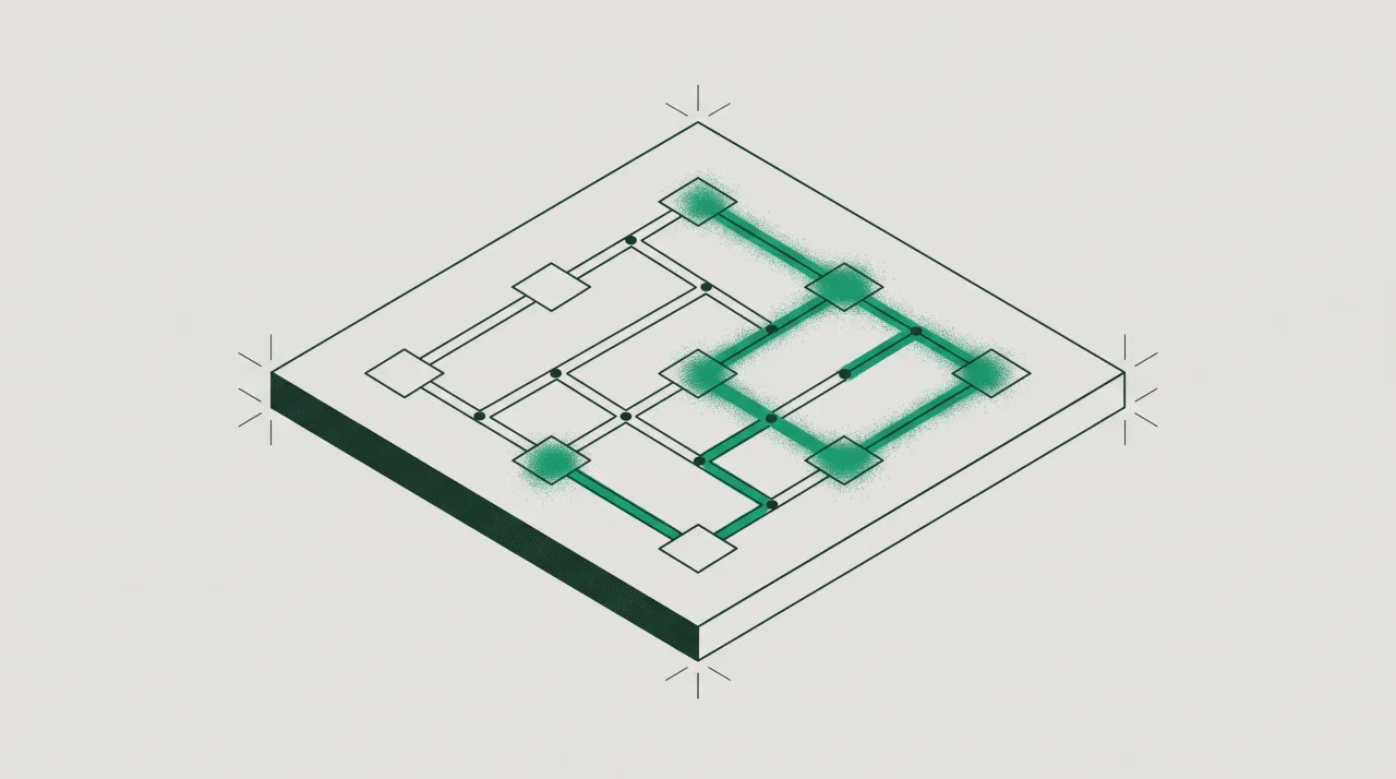 Isometric board of square nodes joined by right-angled traces, with one continuous green route threading through five of them.