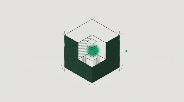 Isometric cutaway of a cube with one quarter removed, revealing three stacked internal components with the middle one filled green.