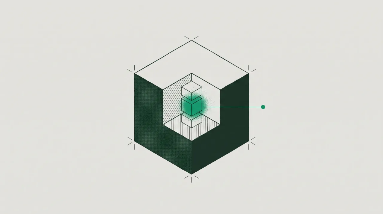Isometric cutaway of a cube with one quarter removed, revealing three stacked internal components with the middle one filled green.