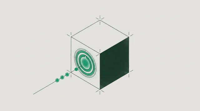 Isometric diagram of a cube with a circular keyed port set into one face, a signed request arriving as a chain of linked beads.